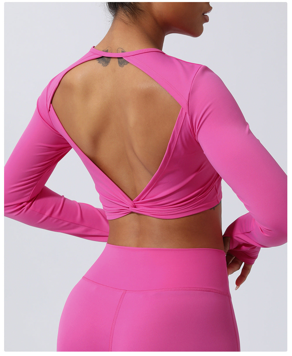 Spring New nude hollow-out beauty back sports top twisted short yoga clothes with chest pad long sleeve T-shirt workout clothes