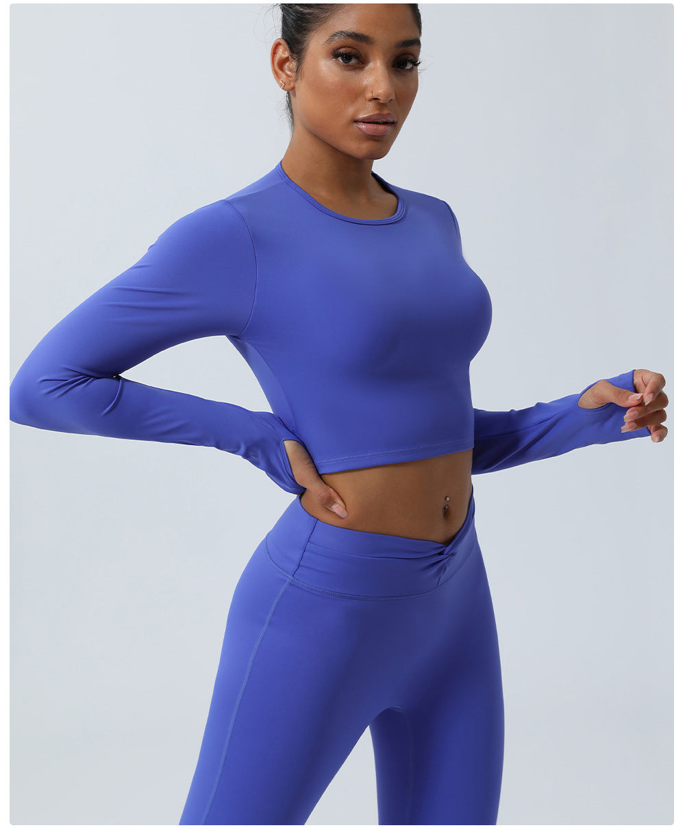 Spring New nude hollow-out beauty back sports top twisted short yoga clothes with chest pad long sleeve T-shirt workout clothes