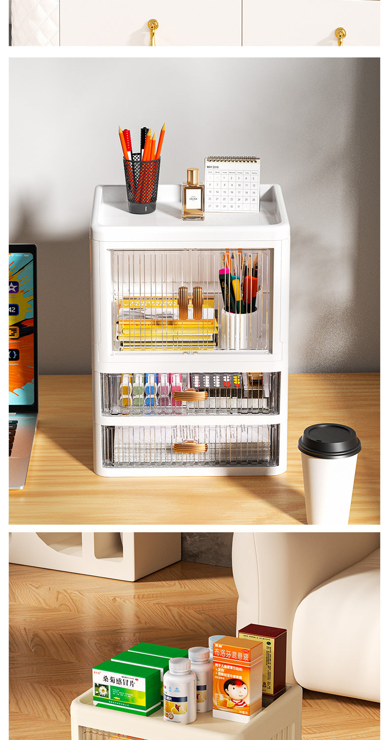Foldable Double Door Flat Cover White Storage Box Multi-layer Stationery Storage Rack Household Cosmetics Skin Care Storage