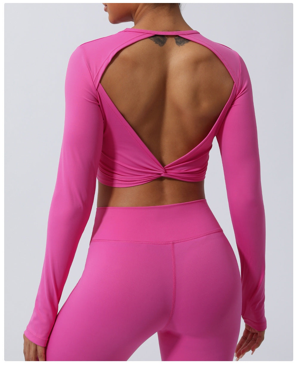 Spring New nude hollow-out beauty back sports top twisted short yoga clothes with chest pad long sleeve T-shirt workout clothes