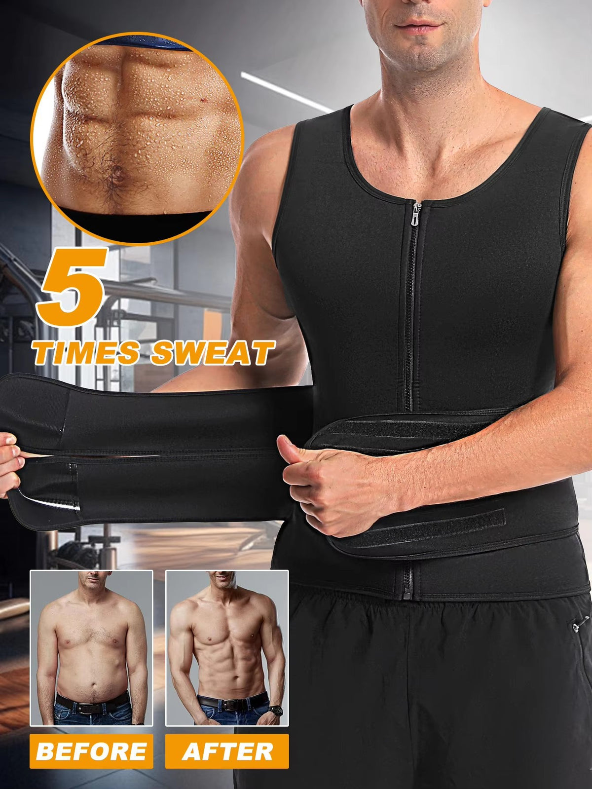 Men's Sauna Vest Waist Trainer Zipper Neoprene Sauna Sweat Shirt Tank Top Workout Waist
