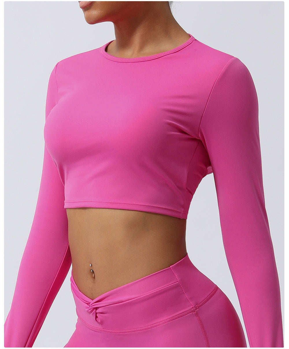 Spring New nude hollow-out beauty back sports top twisted short yoga clothes with chest pad long sleeve T-shirt workout clothes