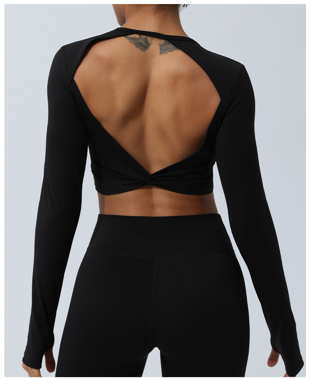 Spring New nude hollow-out beauty back sports top twisted short yoga clothes with chest pad long sleeve T-shirt workout clothes